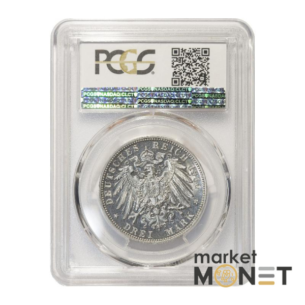 Срібна монета 3 марки 1914-D Німеччина Баварія Людвіг III в слабі PR63CAM