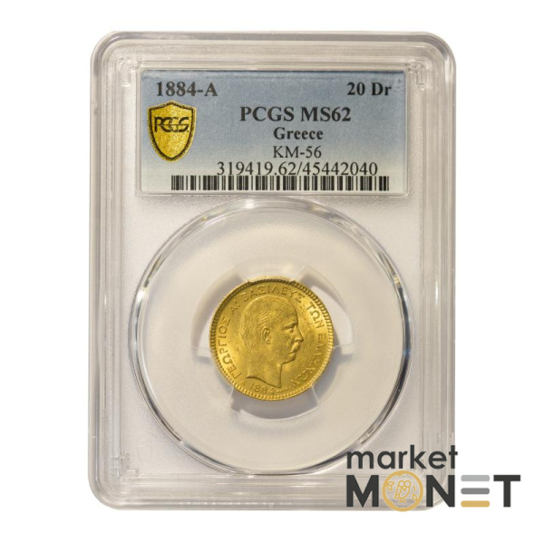 Золота монета 20 драхм 1884 А Греція в слабі MS 62