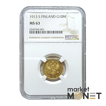 Золота монета 10 марок 1913  Фінляндія 900 у слабі MS 63 