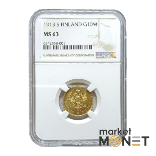 Золота монета 10 марок 1913  Фінляндія 900 у слабі MS 63 