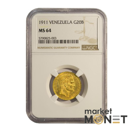 Золота монета 20 боліварів 1911 року Венесуела у слабі MS 64