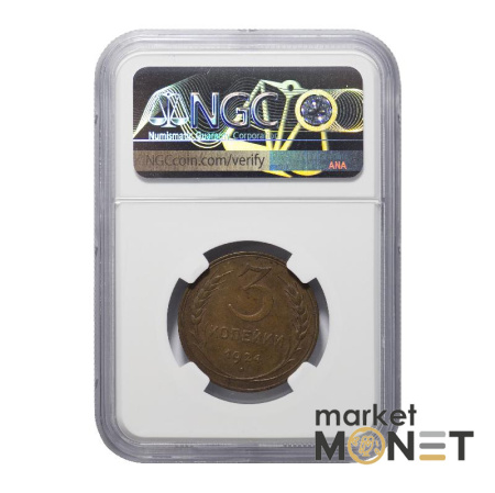 Монета 3 копійки 1924 СРСР в слабі MS 62 BN