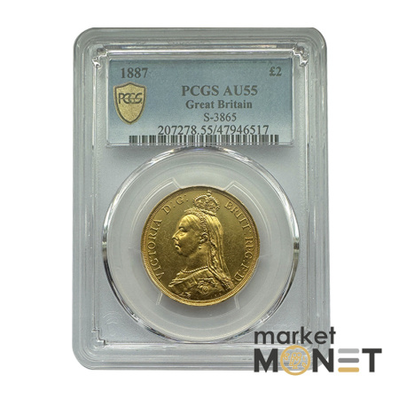 Золота монета 2 фунта 1887 Великобританія в слабі AU55