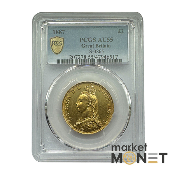 Золота монета 2 фунта 1887 Великобританія в слабі AU55