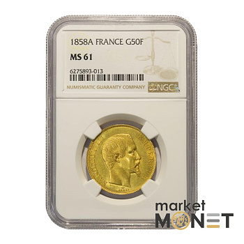 Золота монета  50 франків 1858А Франція в слабі MS61