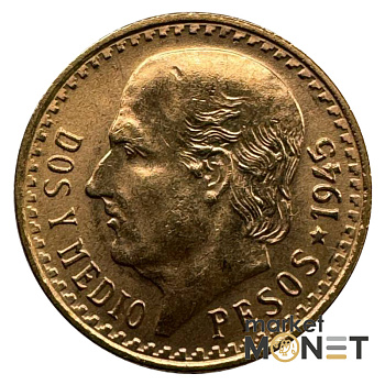 Золота монета 2,5 песо 1945 р. Мексика 900 2,08 г.