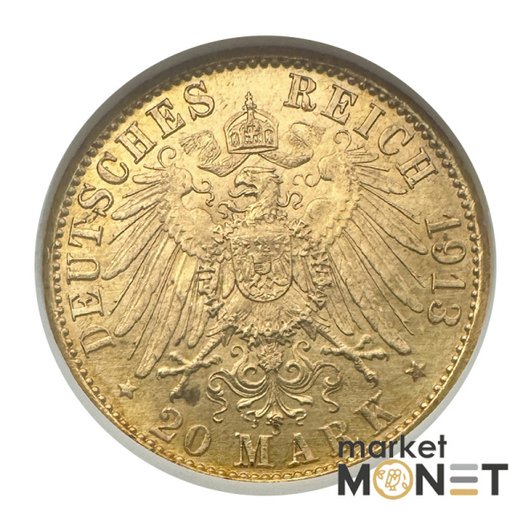 Золота монета 20 марок 1913 - А Пруссія у слабі MS62