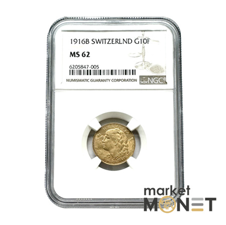 Золота монета 10 франків 1916В Швейцарія 900 3.226 г. у слабі MS 62