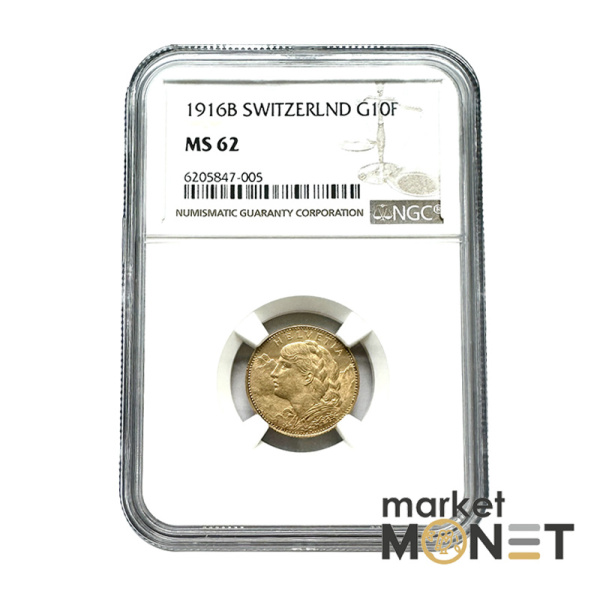 Золота монета 10 франків 1916В Швейцарія 900 3.226 г. у слабі MS 62