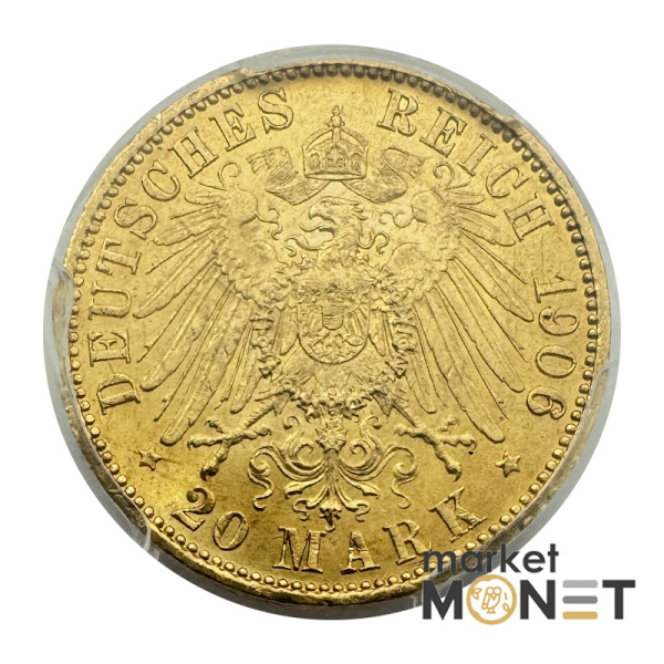 Золота монета 20 марок 1906 А Пруссія у слабі MS63