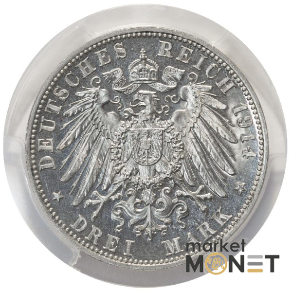 Срібна монета 3 марки 1914-D Німеччина Баварія Людвіг III в слабі PR63CAM