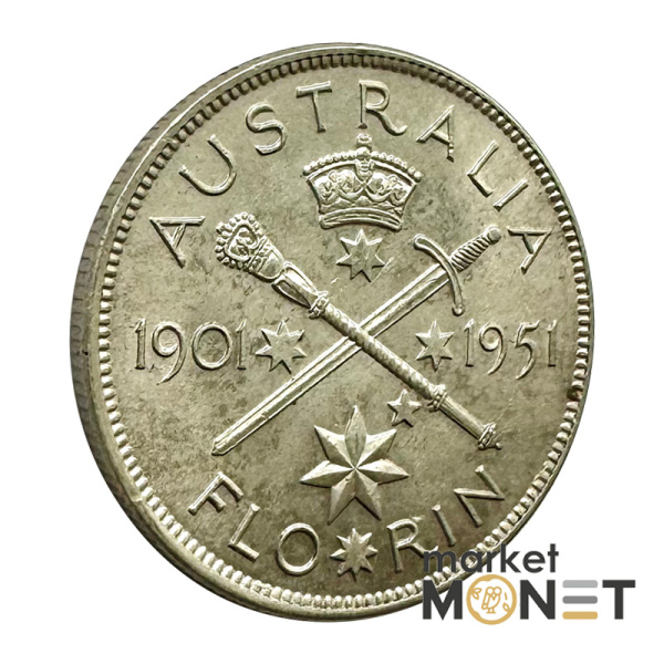 Срібна монета 1 флорін 1901 - 1951 року Австралія 500 Король Георг VI №1