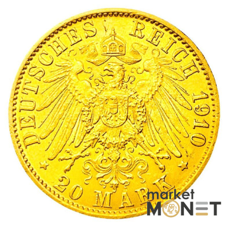 Золота монета 20 марок 1910 р. Німецька імперія А Берлін