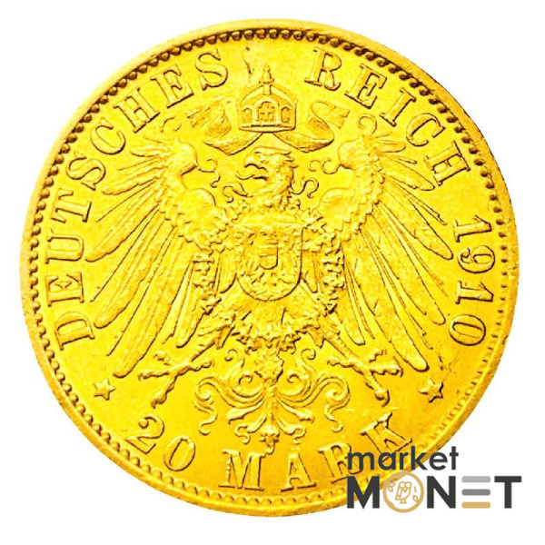 Золота монета 20 марок 1910 р. Німецька імперія А Берлін