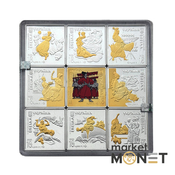 Набір із дев`яти срібних пам`ятних монет 90 гривень 2020 "Енеїда" у дерев`яному футлярі та сувенірній упаковці. (також є у флоку та сувенірній упаковці)