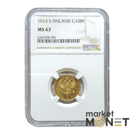 Золота монета 10 марок 1913  Фінляндія 900 у слабі MS 63 
