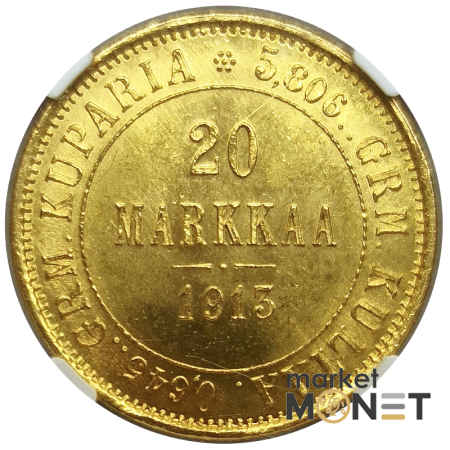 Золота монета 20 марок 1913  Фінляндія 900 у слабі MS 65 