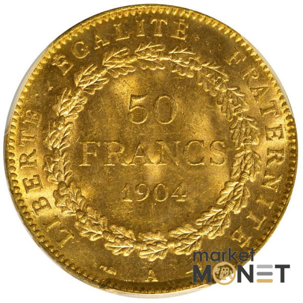 Золота монета 50 франків 1904 А Франція в слабі MS 63