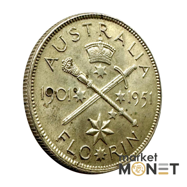 Срібна монета 1 флорін 1901 - 1951 року Австралія 500 Король Георг VI №2