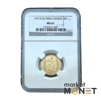 Золота монета 20 франків АН1918/1900 Туніс 900 6.452 г. у слабі MS 61