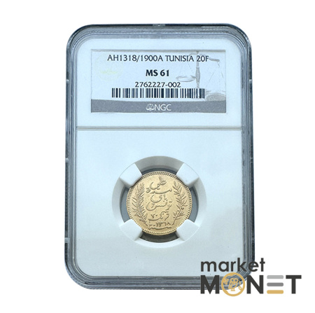 Золота монета 20 франків АН1918/1900 Туніс 900 6.452 г. у слабі MS 61