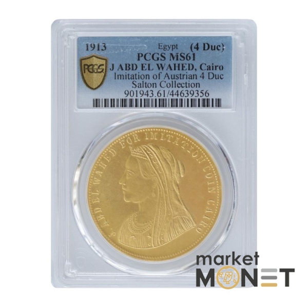 Золота монета 4 дукати (R) 1913 Єгипет в слабі MS 61