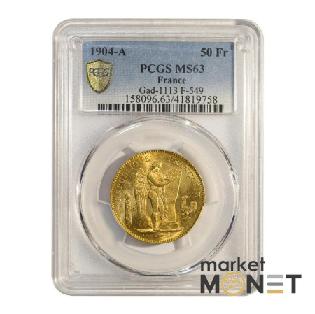 Золота монета 50 франків 1904 А Франція в слабі MS 63