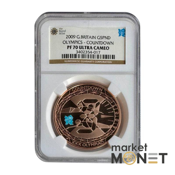 Золота монета 5 фунтів 2009 Великобританія XXX літні Олімпійські Ігри, Зворотній відлік «3», Плавання в слабі PF 70 ULTRA CAMEO
