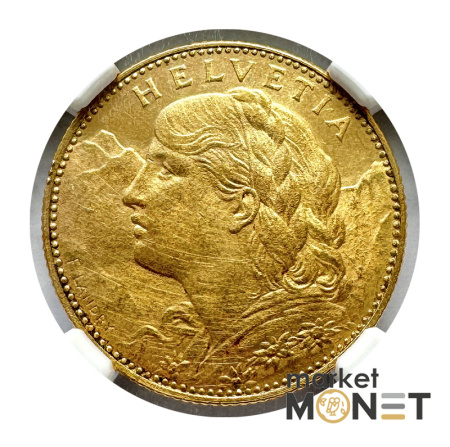 Золота монета 10 франків 1916В Швейцарія 900 3.226 г. у слабі MS 62