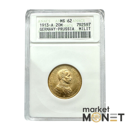 Золота монета 20 марок 1913 - А Пруссія у слабі MS62