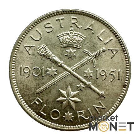 Срібна монета 1 флорін 1901 - 1951 року Австралія 500 Король Георг VI №1