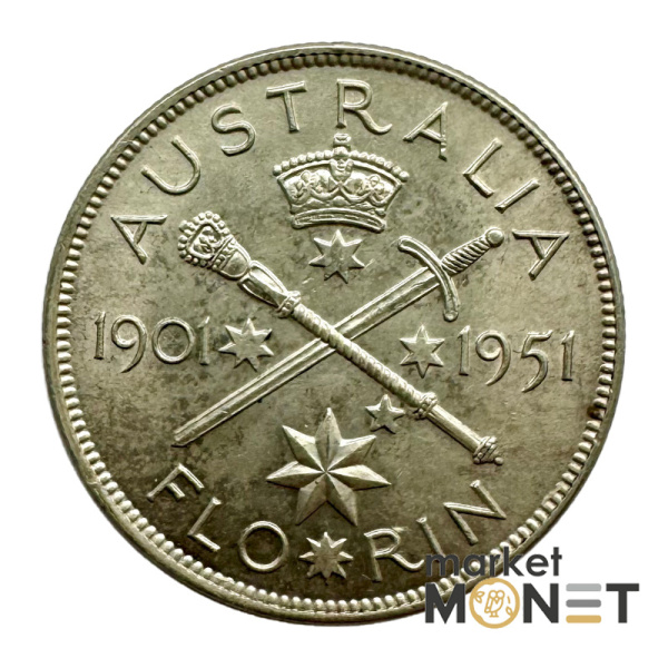 Срібна монета 1 флорін 1901 - 1951 року Австралія 500 Король Георг VI №1