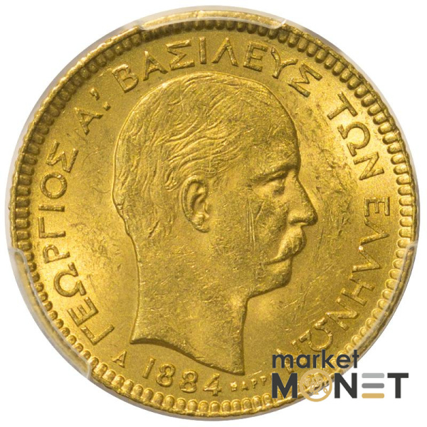 Золота монета 20 драхм 1884 А Греція в слабі MS 62