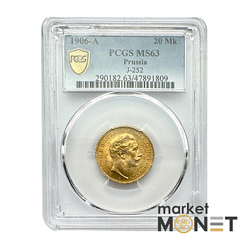 Золота монета 20 марок 1906 А Пруссія у слабі MS63