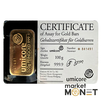 Золотий злиток 100 грамів umicore