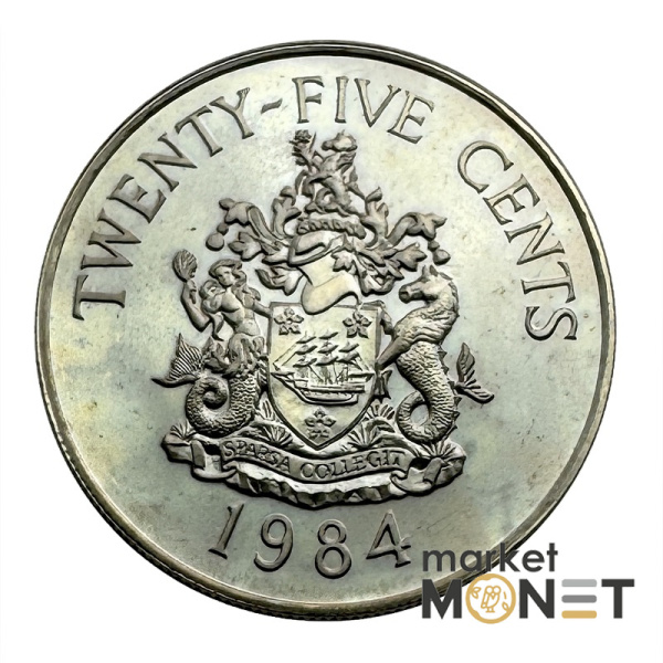 Монета 25 центів 1984 Бермудські Острови Королева Єлизавета II (375 лет Бермудам - Герб города Гамильтон) Proof