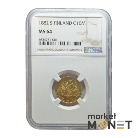 Золота монета 10 марок 1882 Фінляндія 900 у слабкі MS 64 (№1)