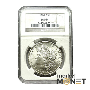 Срібна монета 1 долар 1896 р. США 900 долар Моргана, монетний двір - Філадельфія, в слабі MS 64