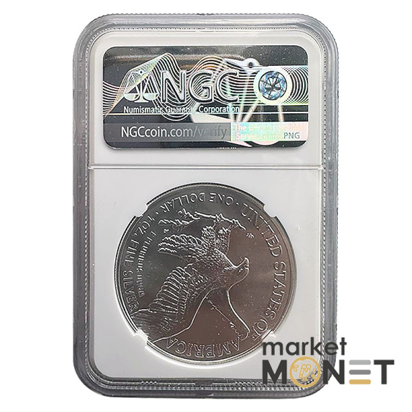 Срібна монета 1 доллар 2021 року, США. Американський орел в слабі MS 70