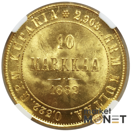 Золота монета 10 марок 1882 Фінляндія 900 у слабкі MS 64 (№2)