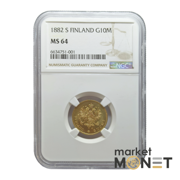 Золота монета 10 марок 1882 Фінляндія 900 у слабкі MS 64 (№1)