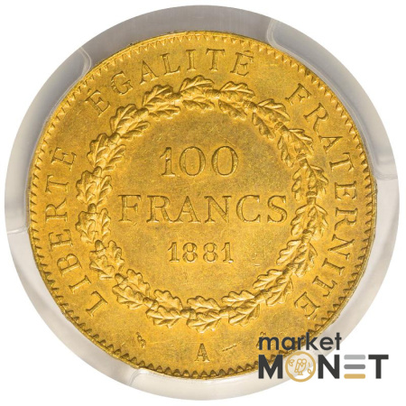 Золота монета 100 франків 1881 Франція в слабі MS 63