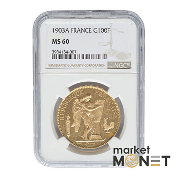 Золота монета 100 франків 1903 A  Франція в слабі MS 60
