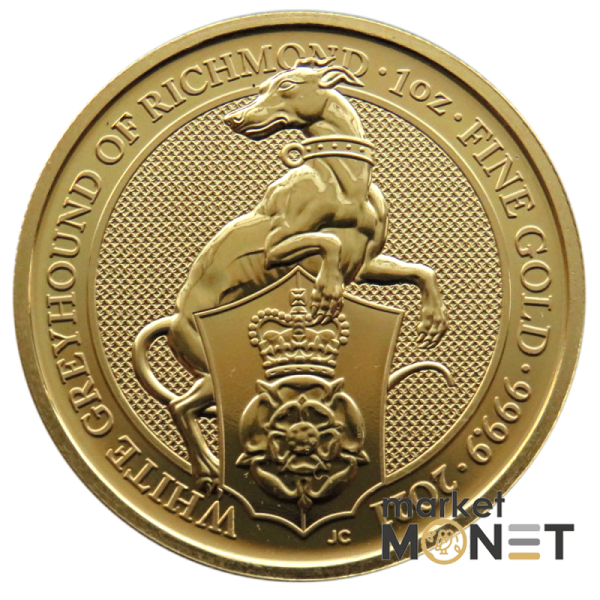 Золота монета 100 фунтів 2021 Великобританія 9999 1 Oz Біла Борза Річмонда (Звірі королеви)