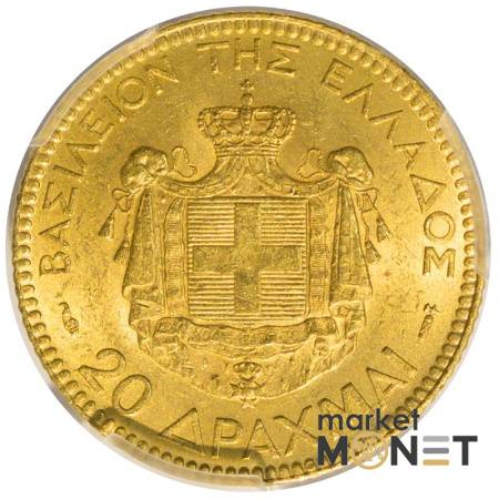Золота монета 20 драхм 1884 А Греція в слабі MS 62