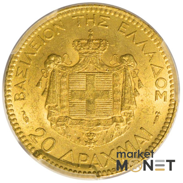 Золота монета 20 драхм 1884 А Греція в слабі MS 62