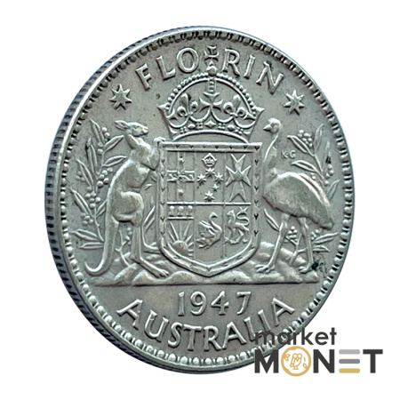 Срібна монета 1 флорін 1947 року Австралія 500 Король Георг VI