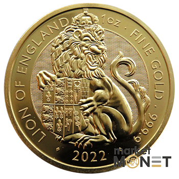 Золота монета 100 фунтів 2022 Великобританія 9999 1 Oz Лев Англії королівські звірі Тюдорів