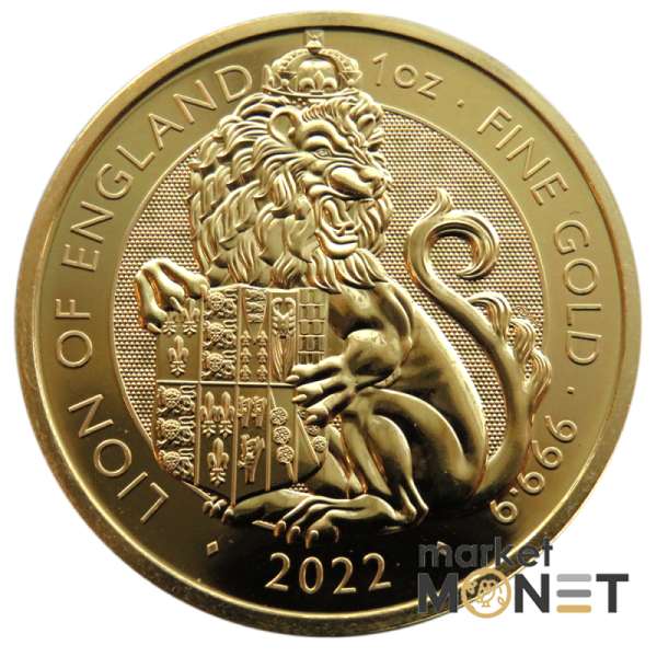 Золота монета 100 фунтів 2022 Великобританія 9999 1 Oz Лев Англії королівські звірі Тюдорів