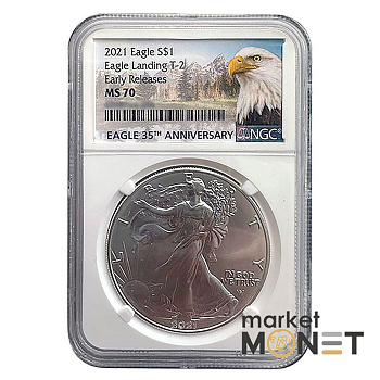 Срібна монета 1 доллар 2021 року, США. Американський орел в слабі MS 70 Срібна монета 1 доллар 2021 року, США. Американський орел в слабі MS 70